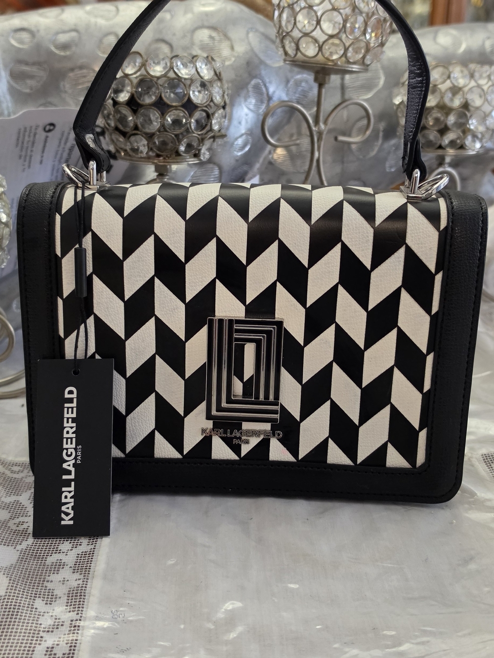 Karl Lagerfeld Black & White Geometric Top-Handle Bag